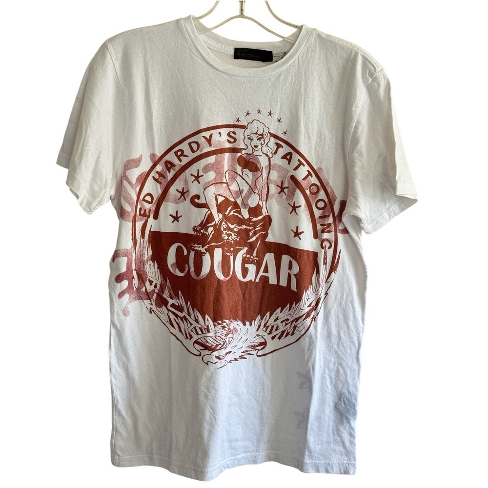Ed Hardy Crew Neck Shirt Mens S Small White Panther Graphic‎ Cougar Pinup Girl